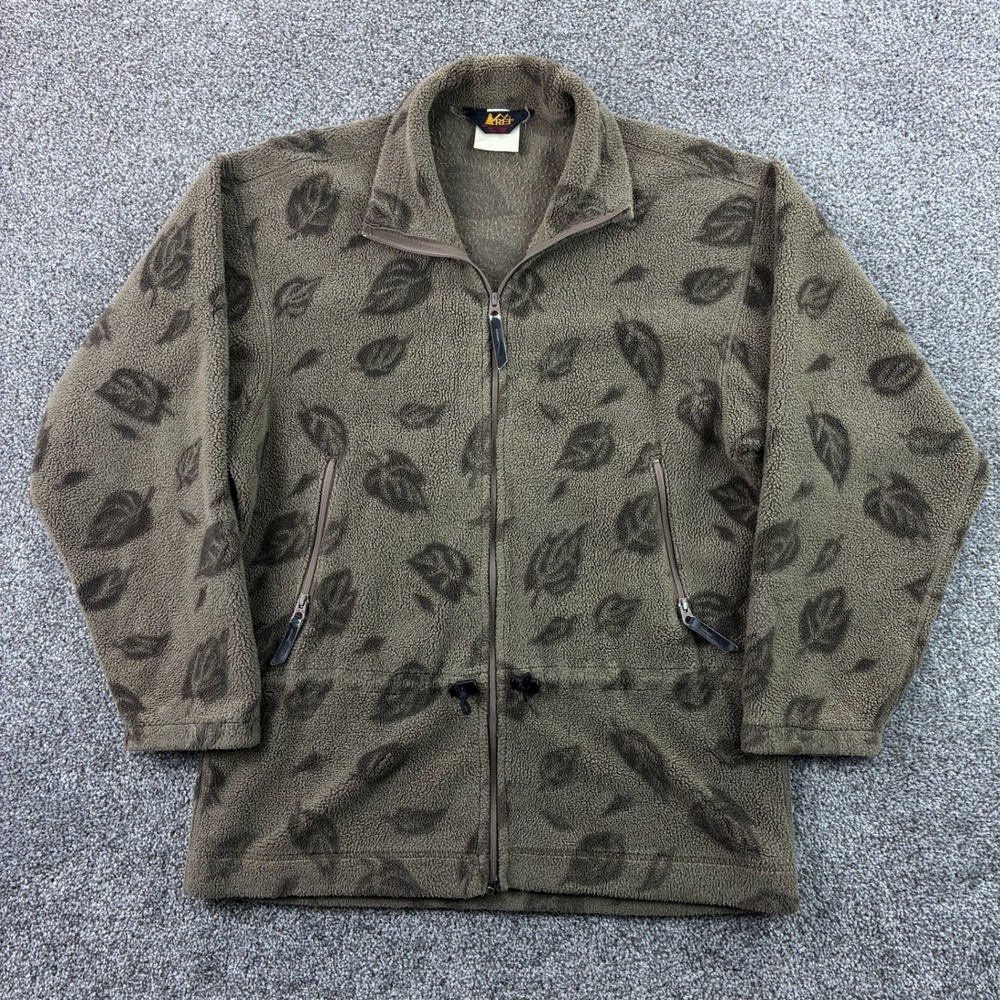 REI Fleece Jacket‎ Mens Small Brown Leaf Print Full Zip Sherpa Gorpcore Granola